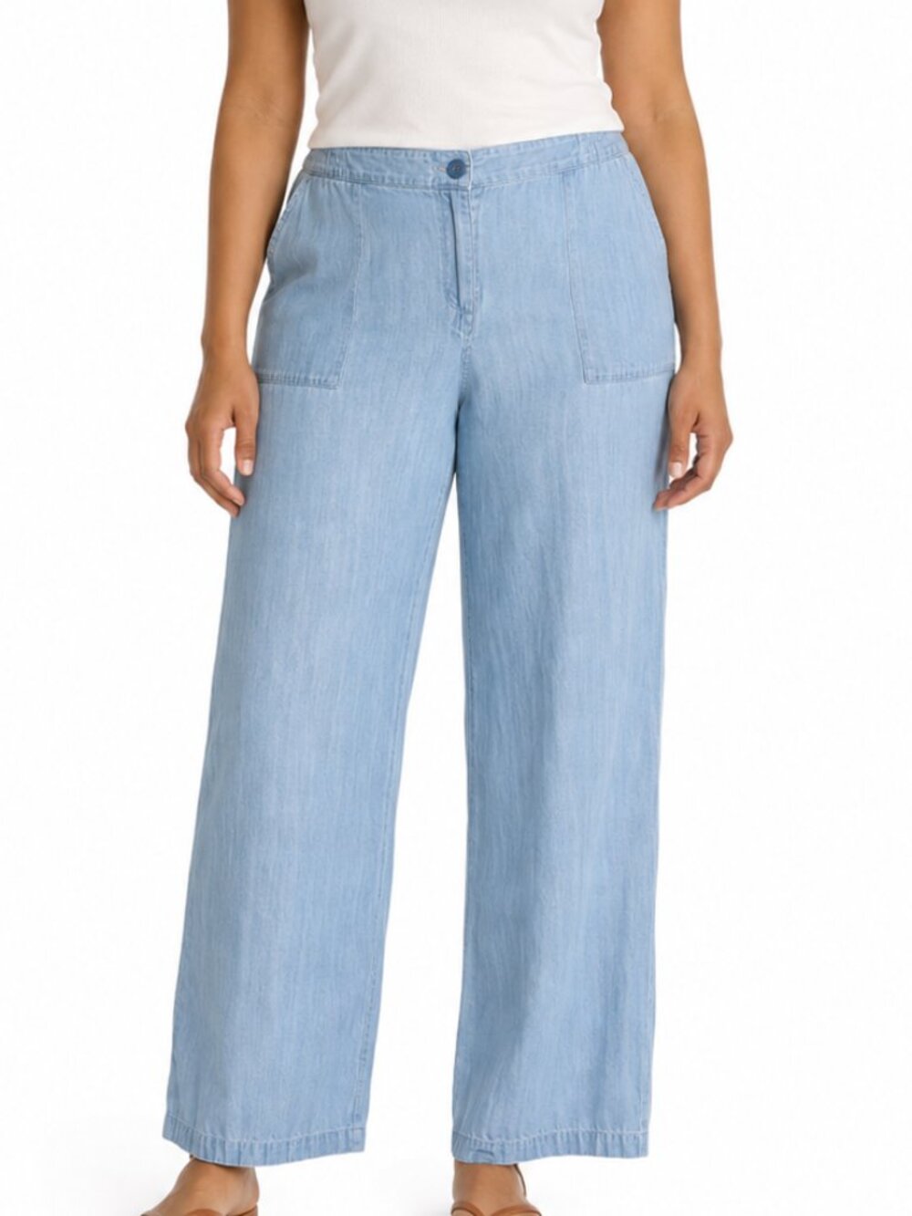 Talbots Size 14 100% Cotton Wide Leg Chambray Pants Light Blue Casual